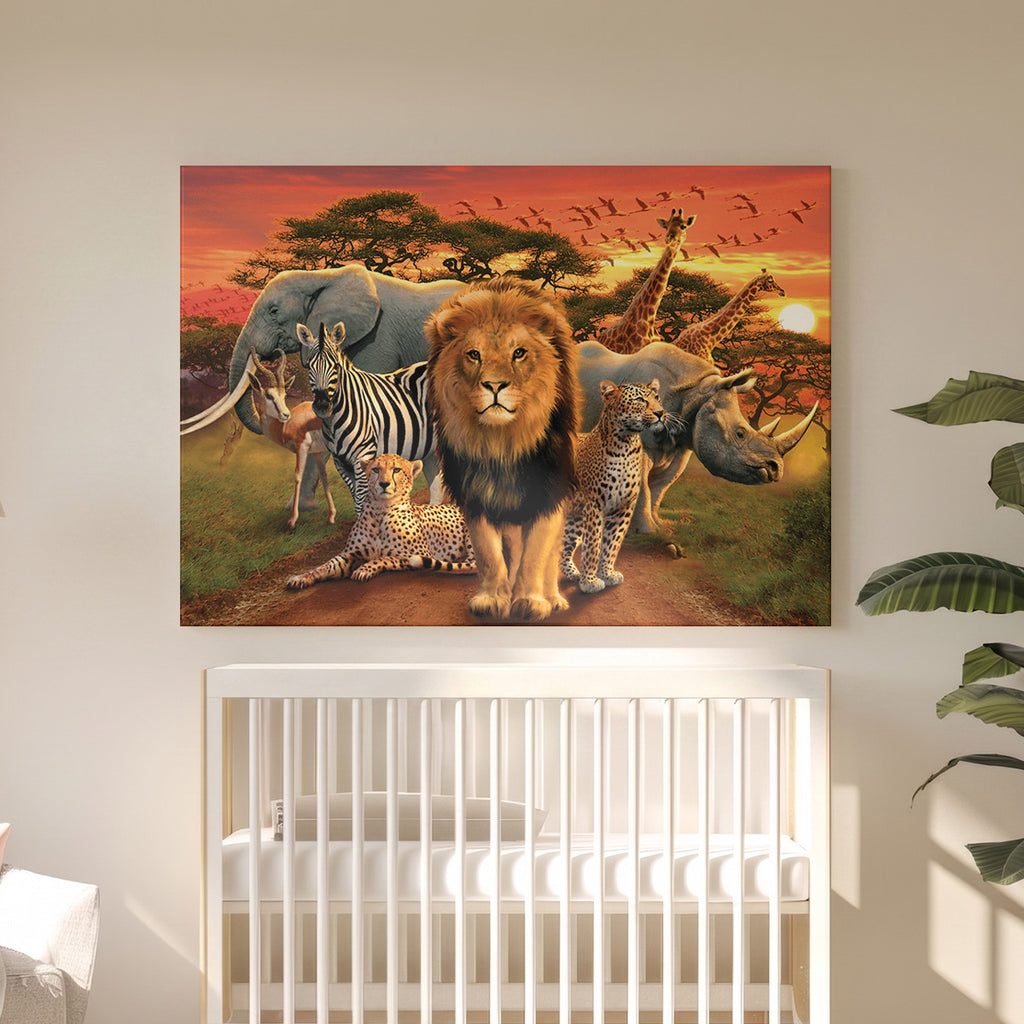 Tableau Toile Animaux de la Savane - Dessin Animé Roi Lion - Décoration Murale Safari d'Afrique