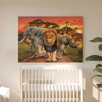 Tableau Toile Animaux de la Savane - Dessin Animé Roi Lion - Décoration Murale Safari d'Afrique