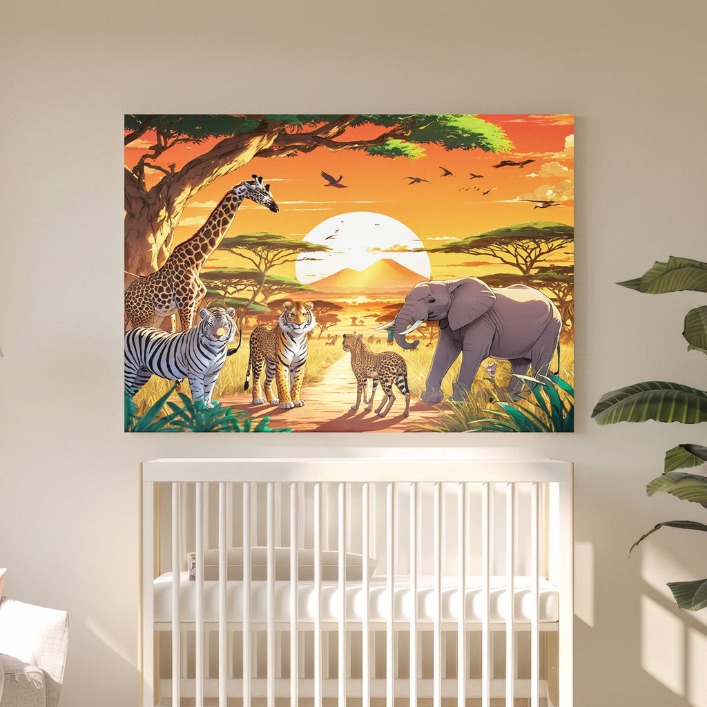 Tableau Toile Animaux Sauvages d'Afrique - Illustration Girafe Zèbre Voi - Déco Murale Salon
