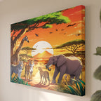 Tableau Toile Animaux Sauvages d'Afrique - Illustration Girafe Zèbre Voi - Déco Murale Salon