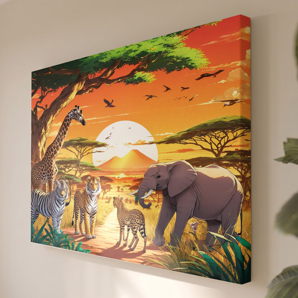 Tableau Toile Animaux Sauvages d'Afrique - Illustration Girafe Zèbre Voi - Déco Murale Salon
