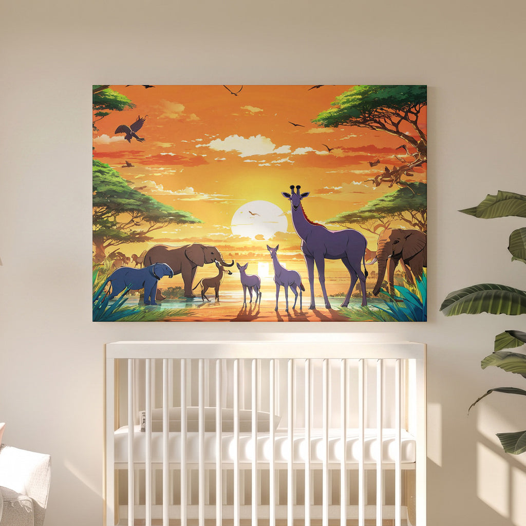Tableau Toile Safari d'Afrique - Coucher de Soleil Animaux Illustrés - Peinture Décoration Intérieure