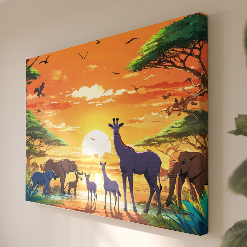 Tableau Toile Safari d'Afrique - Coucher de Soleil Animaux Illustrés - Peinture Décoration Intérieure