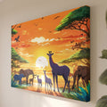 Tableau Toile Safari d'Afrique - Coucher de Soleil Animaux Illustrés - Peinture Décoration Intérieure