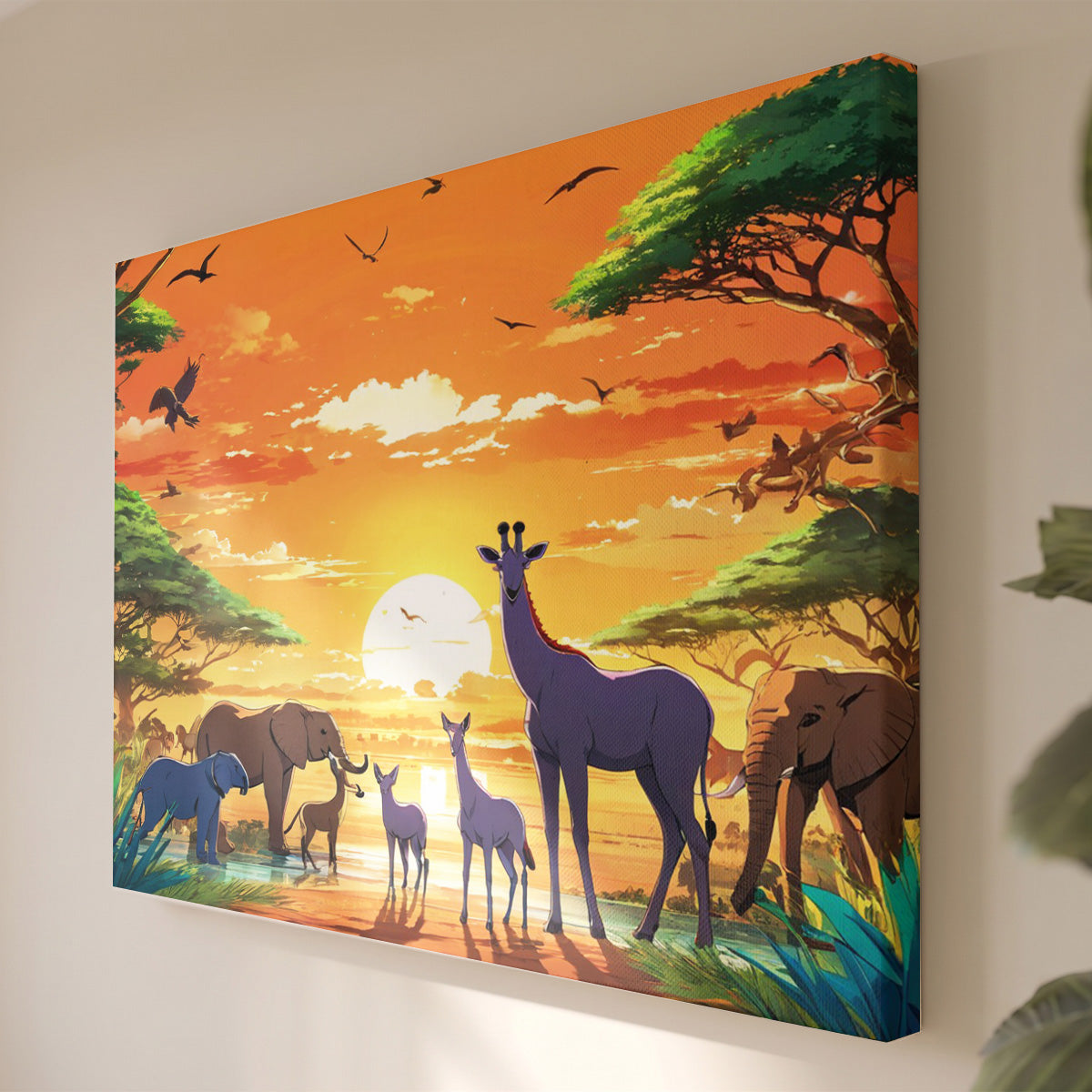 Tableau Toile Safari d'Afrique - Coucher de Soleil Animaux Illustrés - Peinture Décoration Intérieure