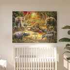 Tableau Toile Animaux de la Savane - Peinture Colorée Lion Éléphant Zèbre - Déco Murale Moderne