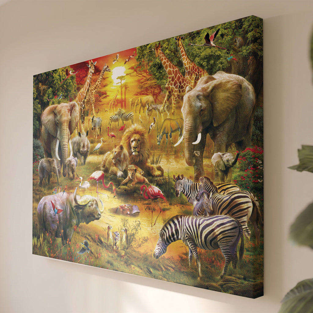 Tableau Toile Animaux de la Savane - Peinture Colorée Lion Éléphant Zèbre - Déco Murale Moderne