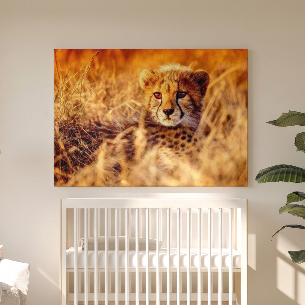 Tableau Toile Jeune Guépard dans les Herbes - Photo Animaux de la Savane - Déco Murale Salon